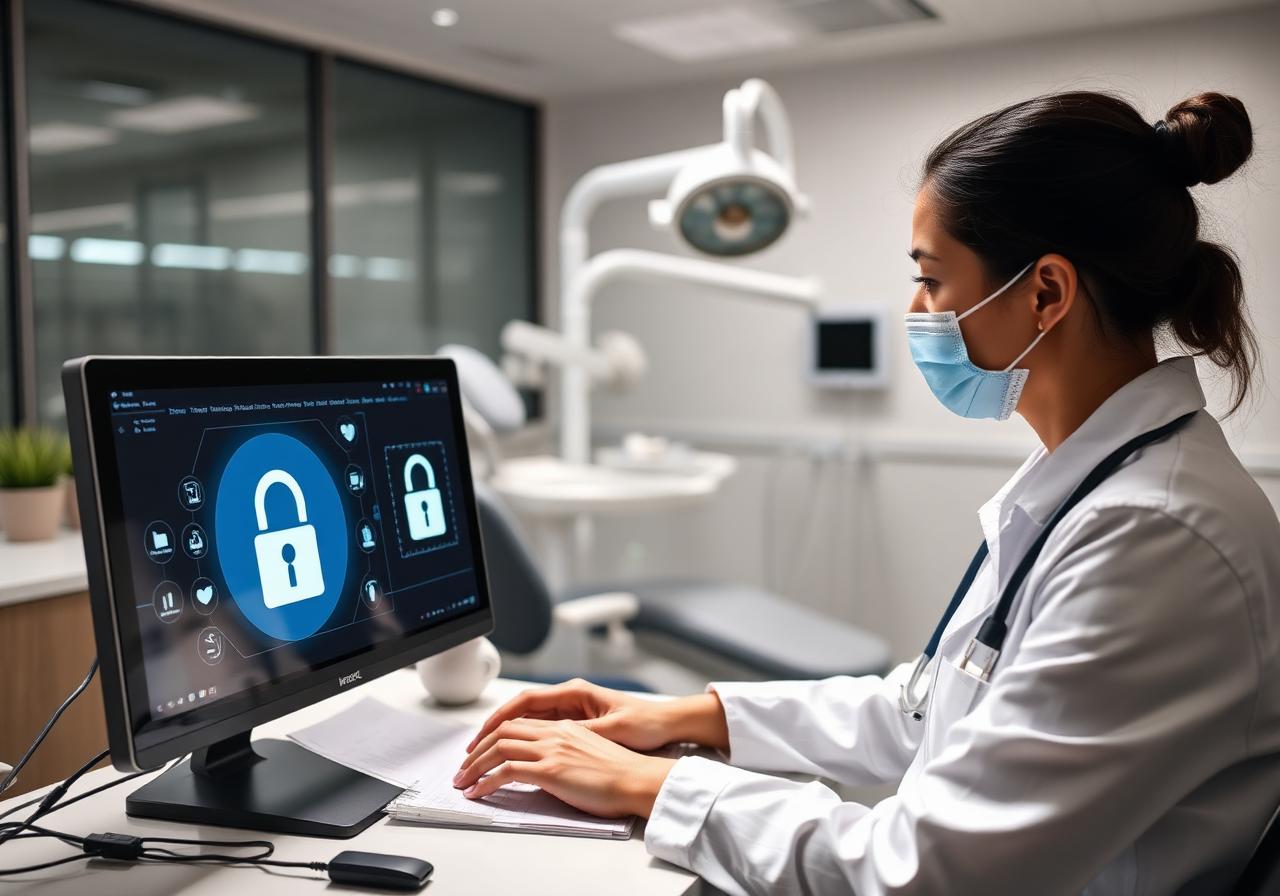 Profesional sanitario trabajando con documentación digital en una clínica dental